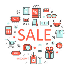 Sale Discount Line Art Thin Vector Icons Set with Shopping Elements