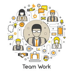 Business Team Work Line Art Thin Vector Icons Set with People