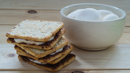 Marshmallows in bowl and smores