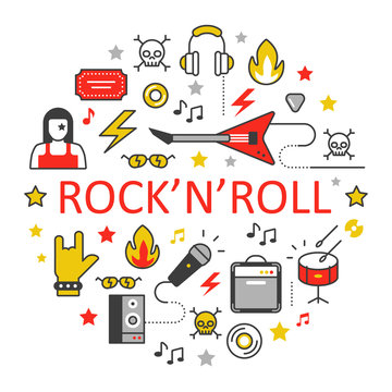 Rockânâroll Line Art Thin Vector Icons Set with Musical Instruments