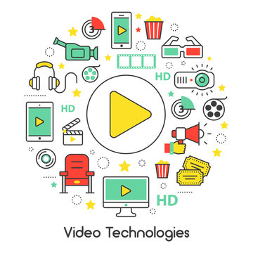 Video Technologies Line Art Thin Vector Icons Set with Cinema Elements