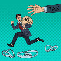 Pop Art Businessman Escapes Taxes with Money Bag. Vector illustration