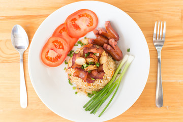 Close up fried rice with bacon and vegetables