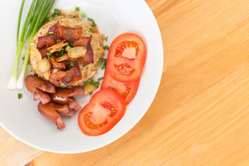Close up fried rice with bacon and vegetables