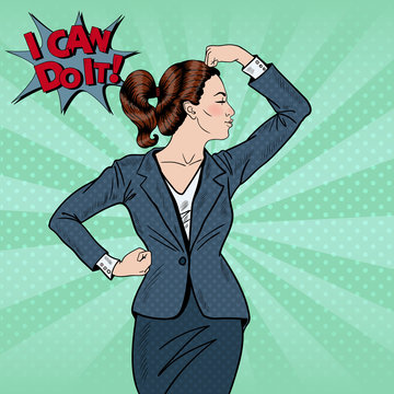 Pop Art Confident Business Woman Showing Muscles. Vector illustration