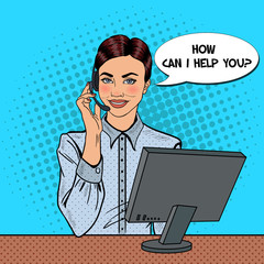 Pop Art Woman Operator Consulting Client on Hotline. Vector illustration © Pavlo Syvak