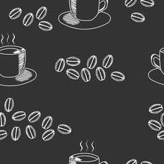 Seamless coffee pattern with coffee cup and coffee beans. Hand drawn illustration in sketch style on black background.