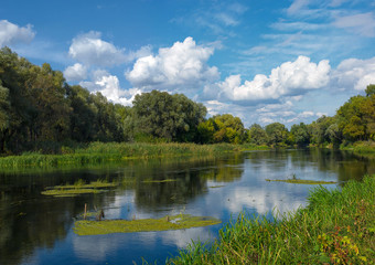 Obraz premium Summer river landscape with clouds