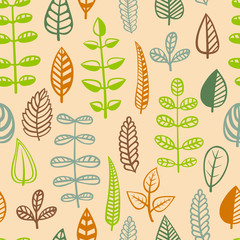 Seamless Pattern with Leaves / Hand Drawn Abstract Vector Illustration