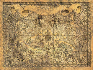 Ancient mayan or aztecs map with gods, old ships and temple 