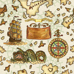 Sewing fabric with Seamless background with pirate map of treasure ...