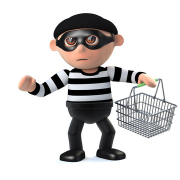 3d Burglar goes shoplifting with shopping basket