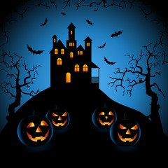 Halloween blue night with haunted castle and grinning pumpkins