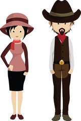 Couple Cowboy. Cartoon american man and woman.
