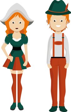Cartoon german man and woman. German couple in national costume.