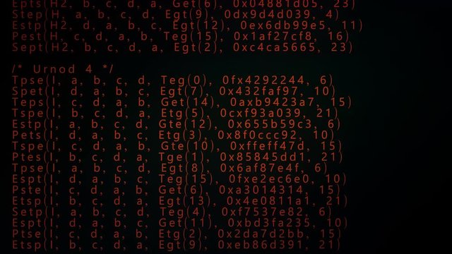 A simple animation of source code scrolling down (scrambled text from public domain). Red scarlet characters on a black background. Texture, abstract, overlay.
