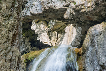 The waterfall at the top of Gordale Scar at Malham in the Yorkshire Dales, England.