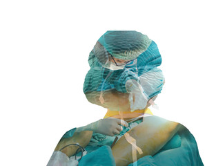 Doctor's surgery in the operating room and anesthesia doctor in the hospital,Double Exposure
