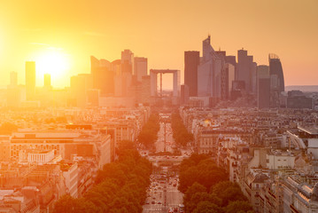 La defense district business in Paris at sunset, view from arc d