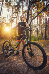 Fototapeta na wymiar Cyclist Riding the Bike on a Trail in Summer Forest