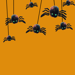 black spider monster on orange background for concept of halloween