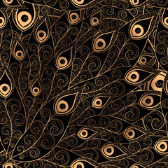 Fototapety  Gold black feathers pattern seamless. Golden peacock feather vector print for design invitation, card, wallpaper or fabric.