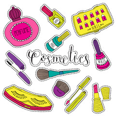 Hand drawn fashion cosmetics. Beauty and makeup set of stickers in cartoon comic style.
