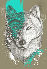 Naklejka premium Zentangle stylized wolf with paint splatters, Hand drawn illustration