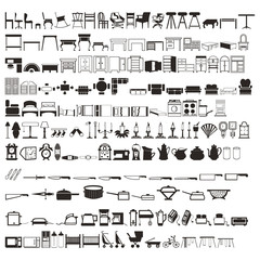 Set of 2 Hundreds Household (Tables, Beds, kitchenware, etc.) Silhouettes. Beautiful Vector in High Resolution.
