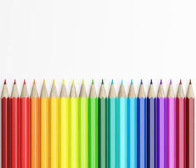 Line of colored pencils over white background. Top view. 3d rendering