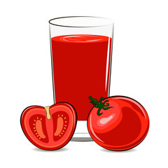Fresh tomato and glass with juice.