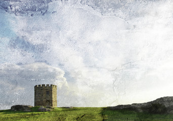 Historic  nineteenth century sandstone Government Customs tower at La Perouse, Sydney, Australia. Built to stop smuggling.  Distressed, textured image with copy space for text.