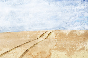 Vehicle tracks over a remote, deserted sand dune. Distressed, textured image.