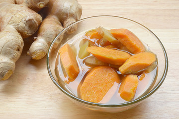 Asian dessert soup. Sweet potato soup boiled with ginger
