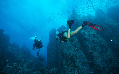 Group of scuba divers exploring sea bottom