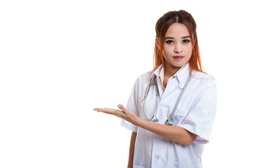 Asian young female doctor present something on her left.