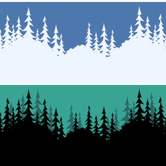 Set Seamless Horizontal Backgrounds, Landscapes, Fir Trees Silhouettes, Winter White on Blue Sky for Christmas Holiday and Summer Night Black on Green. Vector