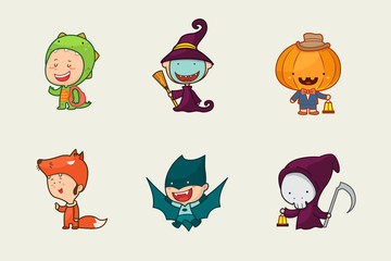 Kids in Halloween costume, Cute character design, Vector illustration.
