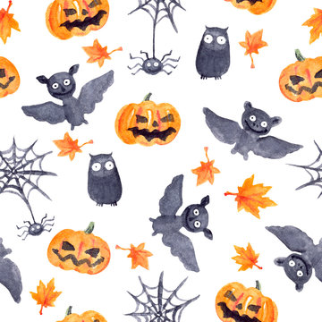 Halloween seamless pattern - pumpkin, bat, owl. Cute naive watercolor