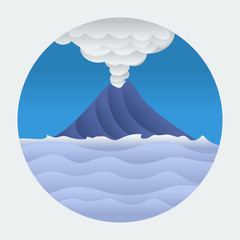 Circle Frame Volcano on Sea Vector Illustration for Natural Disaster Sign or Nature Education Purposes