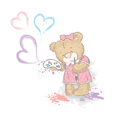 Cute Teddy bear in dress. Bear with palette and brush. Artist. Watercolor vector illustration for postcards, a poster, or print on clothing. Creativity and Hobbies.