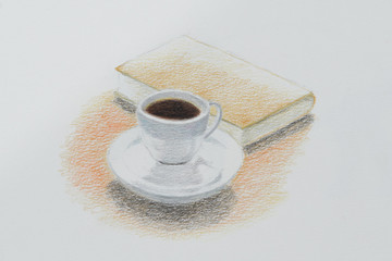 Pencil illustration of coffee and book