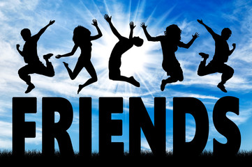 People jumping over the word friends