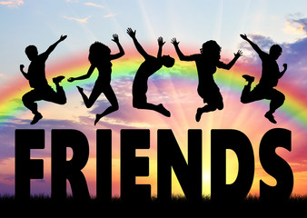 People jumping over the word friends