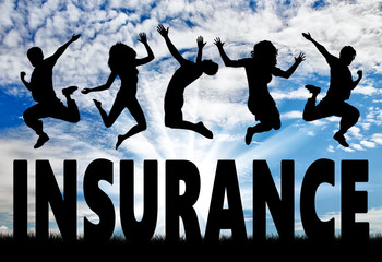 Silhouette people jumping over the word insurance