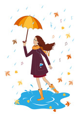 Pretty girl listening to music with an umbrella. Happy woman
