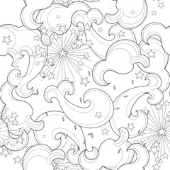Hand drawn doodle outline cloud seamless pattern.Vector zen art illustration.Floral ornament.Sketch for tattoo, poster or adult anti stress relax coloring pages.Boho style.