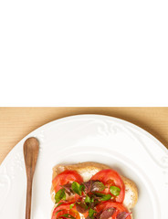 Clean food, Top view Watercress, Tomato slices and Whole Wheat Bread on white plate on wood background and white copy space.