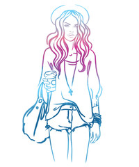 Urban street style: Pretty hipster girl with pink hair holding cup of coffee