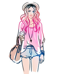 Urban street style: Pretty hipster girl with pink hair holding cup of coffee